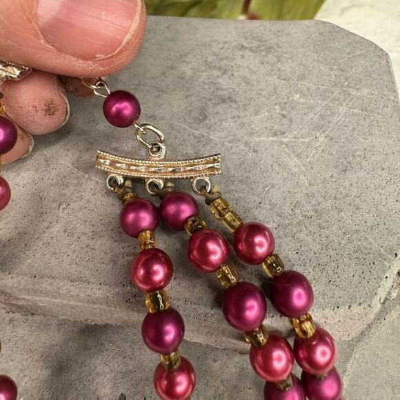 Vintage Pink Faux Pearl Beaded Multistrand Necklace Retro Bridal Jewelry - Picture 4 of 8